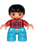 LEGO 47205pb058 Duplo Figure Lego Ville, Child Boy, Dark Azure Legs, Red Checkered Shirt with Suspenders, Black Hair