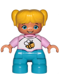 LEGO 47205pb059 Duplo Figure Lego Ville, Child Girl, Dark Azure Legs, White and Pink Top with Bee, Yellow Hair with Ponytails