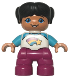 LEGO 47205pb063 Duplo Figure Lego Ville, Child Girl, Dark Pink Legs, White and Medium Azure Top with Shooting Star, Black Hair with Ponytails