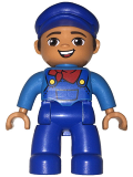 LEGO 47394pb252 Duplo Figure Lego Ville, Male, Blue Legs, Dark Azure Shirt with Blue Overalls and Red Neckerchief Pattern, Blue Cap