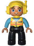 LEGO 47394pb253 Duplo Figure Lego Ville, Male, Black Legs, Medium Azure Blue Shirt, Yellow Safety Vest with Train Logo and Yellow Cap with Headset
