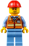 LEGO air050 Orange Safety Vest with Reflective Stripes, Medium Blue Legs, Red Construction Helmet, Smirk and Stubble Beard