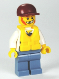 LEGO cty0283 Police - Jail Prisoner Torn Overalls over Prison Stripes, Sand Blue Legs, Dark Red Short Bill Cap, Life Jacket Center Buckle