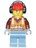 LEGO cty0955 Construction Worker - Orange Zipper, Safety Stripes, Belt, Brown Shirt, Sand Blue Legs, Red Construction Helmet, Headphones, Slight Smile, Stubble