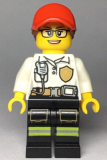 LEGO cty0970 Fire - Female White Shirt with Fire Logo Badge and Belt, Reflective Stripes on Black Legs, Red Cap with Ponytail