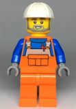 LEGO cty0971 Construction Worker, Orange Overalls over Blue Shirt, White Construction Helmet, Open Mouth with Beard