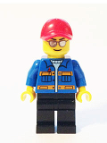 LEGO sc010 Blue Jacket with Pockets and Orange Stripes, Black Legs, Red Cap with Hole, Silver Sunglasses