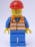 LEGO trn232 Orange Vest with Safety Stripes - Blue Legs, Cheek Lines and Wide Grin, Red Construction Helmet