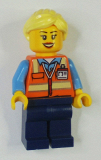 LEGO trn245 Train Worker - Female, Orange Safety Vest with Badge, Dark Blue Legs, Bright Light Yellow Ponytail and Swept Sideways Fringe (60198)