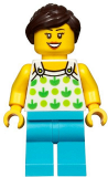LEGO twn367 Female, White Top with Green Apples and Lime Dots, Medium Azure Legs, Dark Brown Ponytail and Swept Sideways Fringe